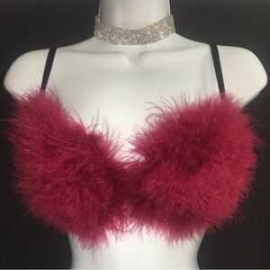 Burgundy Red Feather Fluffy Bra Rave EDC Costume New All Sizes